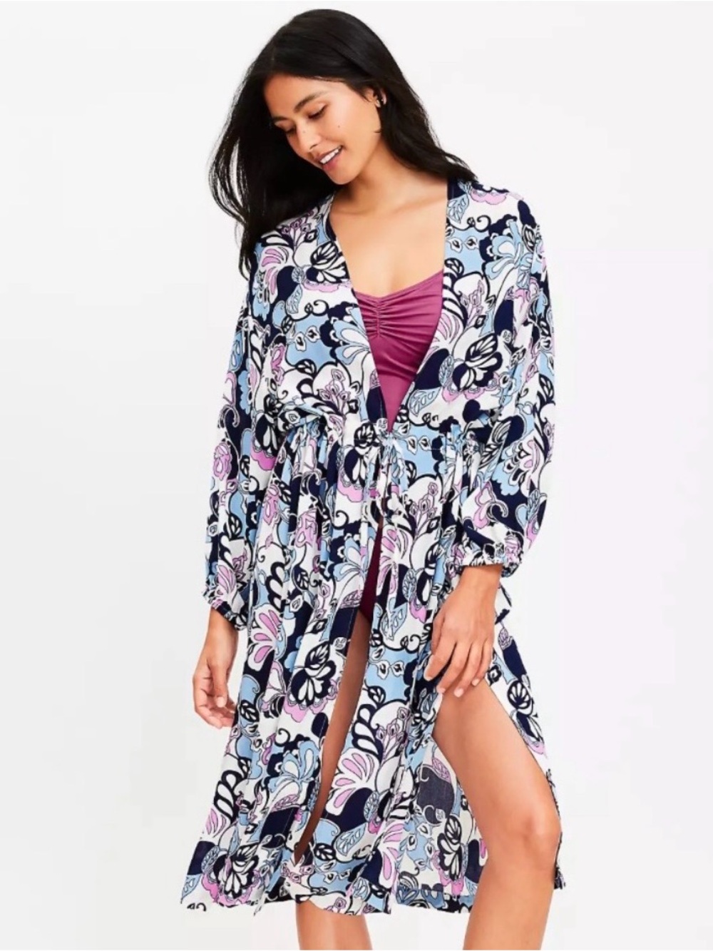 Loft Floral Tie-Waist Kimono Cover-Up in Navy, Light Blue & Pink